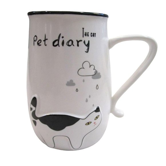 Black and White Cat Under Rain Clouds Pet Diary Mug Unmarked Unsigned EUC - Picture 1 of 13